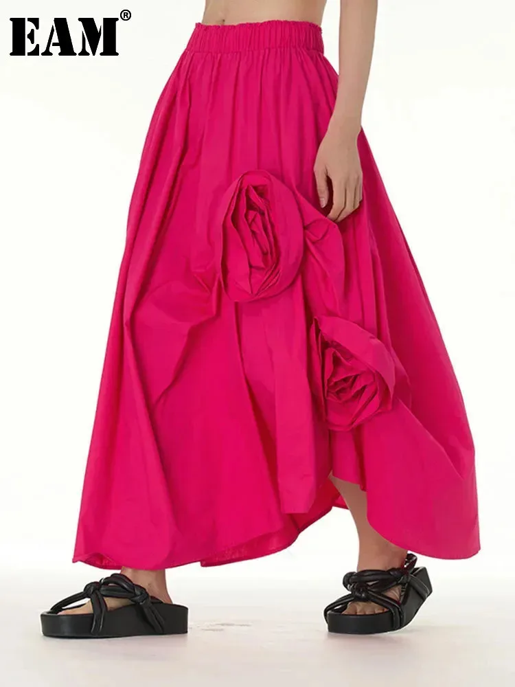 [EAM] High Elastic Waist Rose Red Three-dimensional Flower A-line Half-body Skirt Women Fashion New Spring Autumn 2025  1DH6537