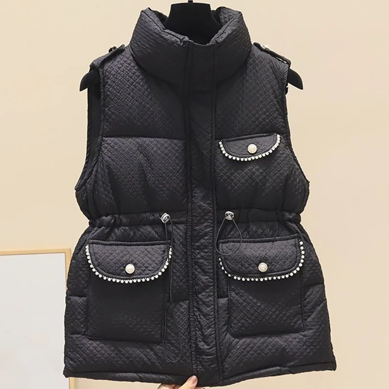 

2023 Women Loose Thicken Cotton Vests Pearls Elegant Fashion Elastic Drawstring Warm Coat Female Casual Winter Sleeveless Jacket