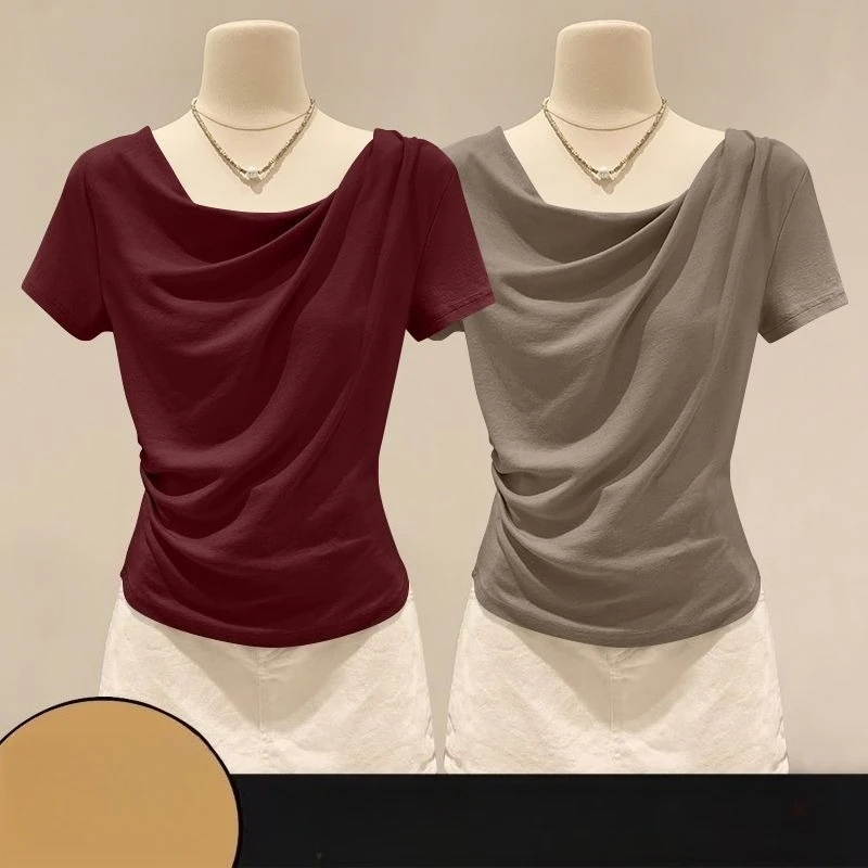 Top de Verano con Hombros Descubiertos para Mujer, Camiseta Versátil de Moda de Verano, Talla Grande, Corte Ajustado, Manga Corta, Informal y Sexy para la Playa
