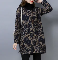 2023 New Autumn and Winter Fashion Plush Thickened Loose Elegant Printing Versatile Casual High Neck Mid Length Women's Top