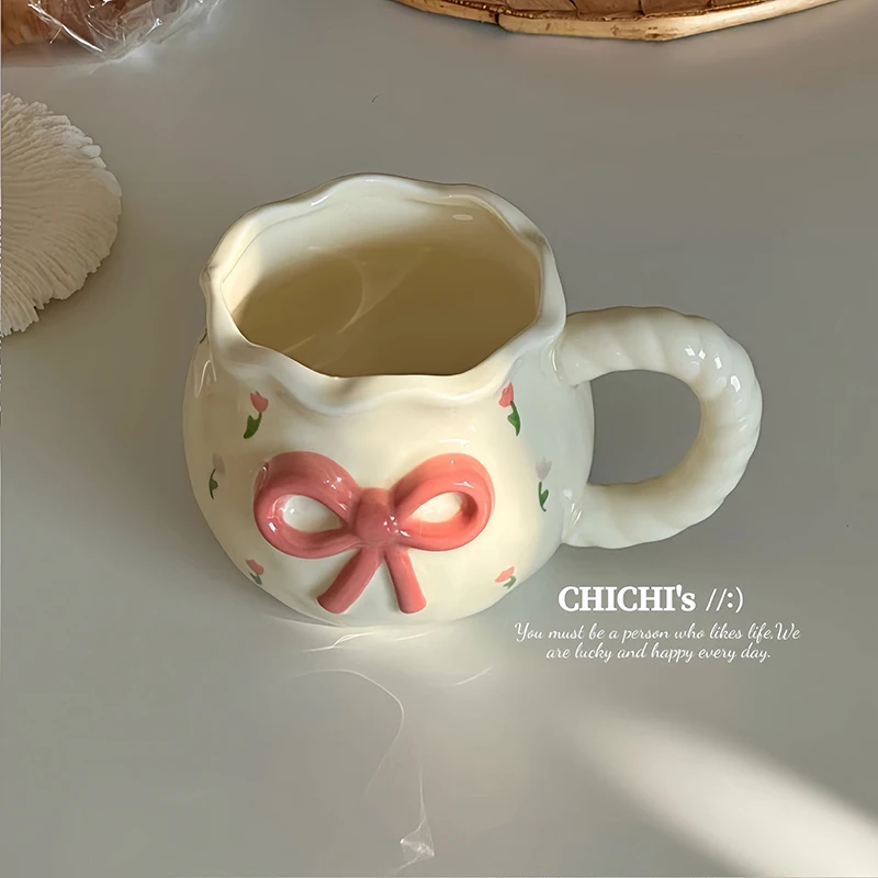 French Embossed Bow Ceramic Mug Cute Bowknot Household Water Cups Office Coffee Cup Sweet Birthday Gift Daily Drinkware