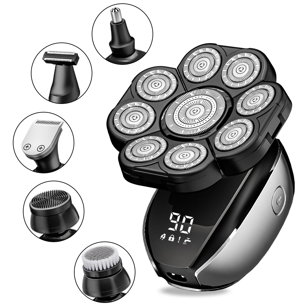 6-In-1 Elektrisch Hoofdscheerapparaat voor Kaal Mannen 7 Blades Drijvend Scheermes Tondeuse USB Oplaadbare LED Display Baard Scheerapparaten