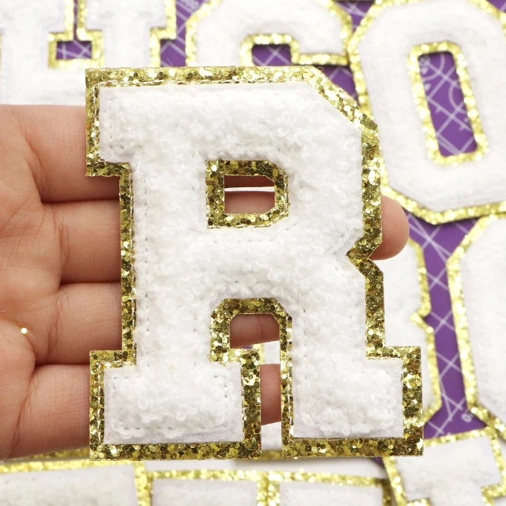 1PC 8CM White Chenille Letter English Stickers Iron On Patch Embroidered Stickers Golden Towel Letter For Clothes logo Diy