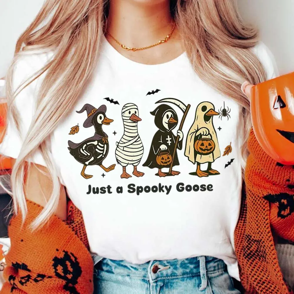 

Casual T-Shirt Basic Printed Clothing Short Sleeve Cartoon Pumpkin Goose Pattern Women's New O-Neck Street Halloween T-Shirt
