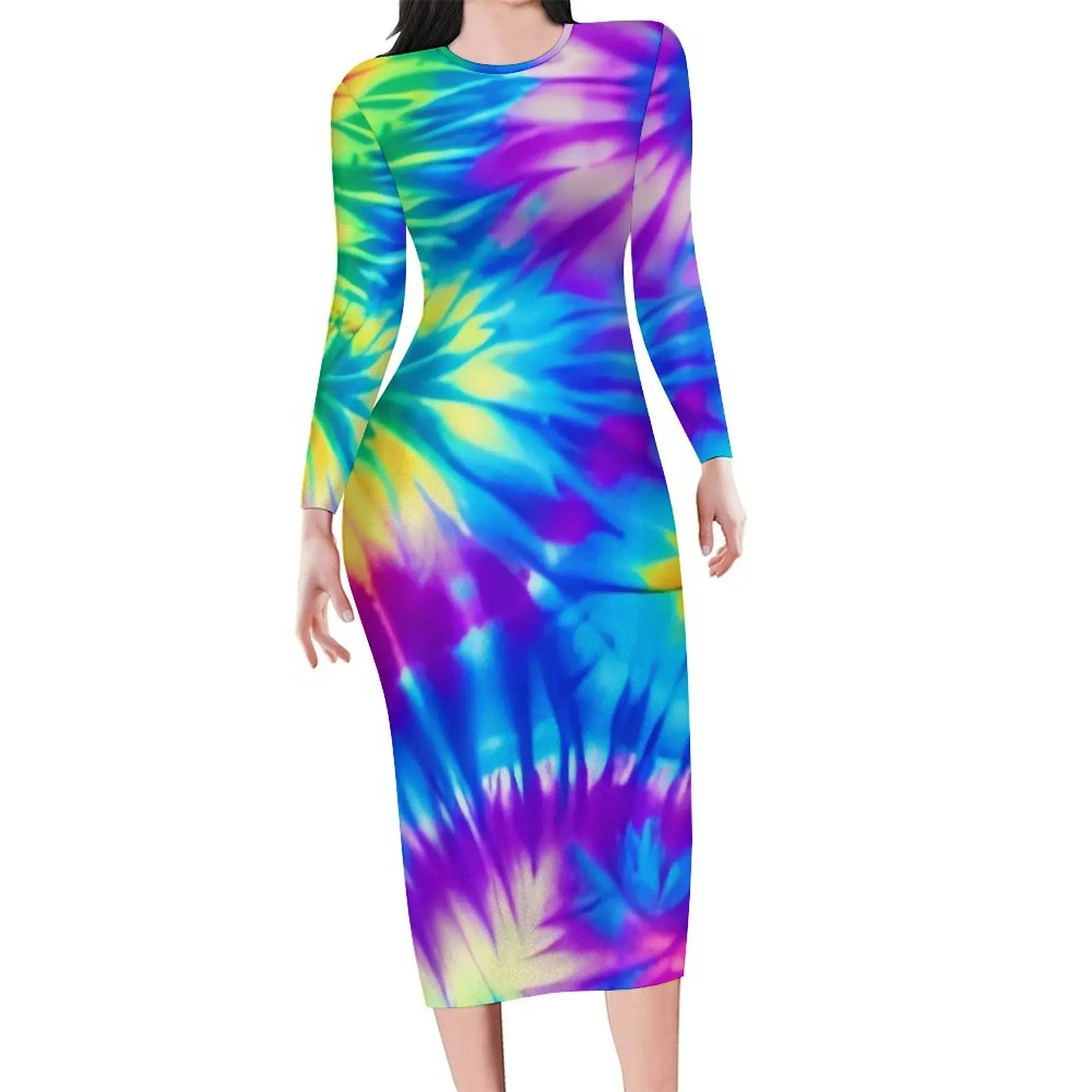 Colorful Tie Dye Dress Female Rainbow Print Street Style Bodycon Dress Holiday Long Sleeve Pretty Dresses Big Size Vestidos