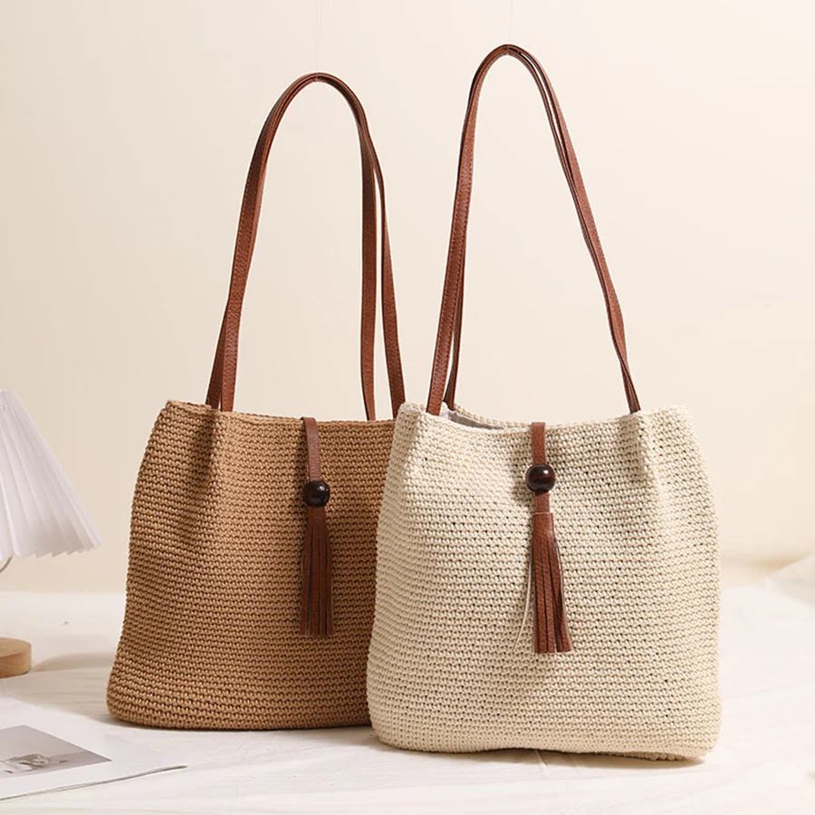 Elegant Ladies Cotton Thread Woven Handbag Women Holiday Beach Commute Casual Tote Top-Handle Bags Fashion Retro Shoulder Bags