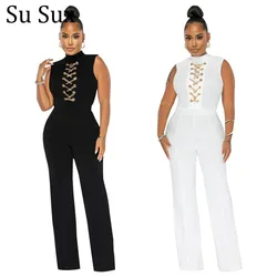 Solid Sleeveless Jumpsuit Women Summer Rompers Bodysuits O Neck High Waist Wide Leg Pant Jumpsuit Streetwear Overalls