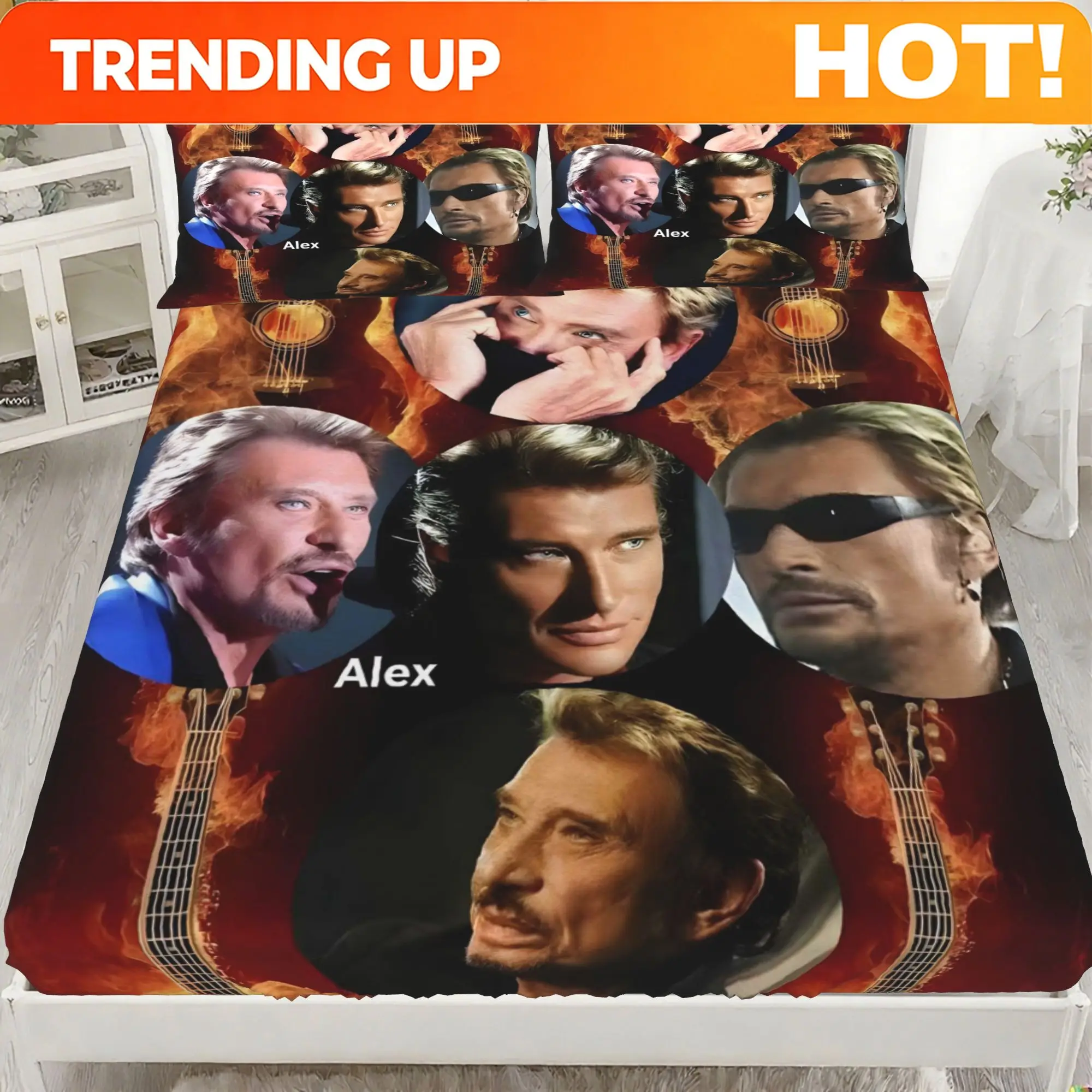 Customize The J-JOHNNY-HALLYDAY Three-Piece Bedding Ensemble Features a Fitted Sheet Base, Making It for Easy to Style Your Bed