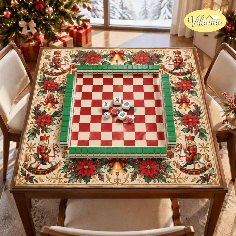 VIKAMA Christmas Mahjong Mat Plaid Nutcracker Rocking Horse Foldable Mahjong Table Mat Cover Table Game Holiday Party Decor