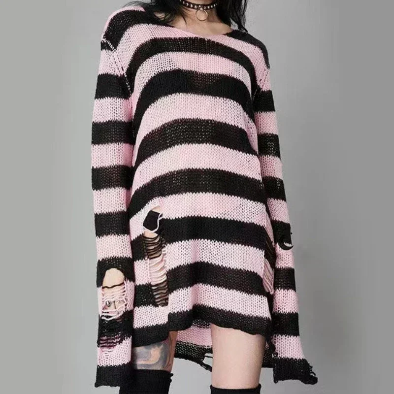 New Punk Gothic Long Unisex Sweater Women Striped Cool Hollow Out Hole Broken Jumper Loose Rock Thin Dark Streetwear Top M3288