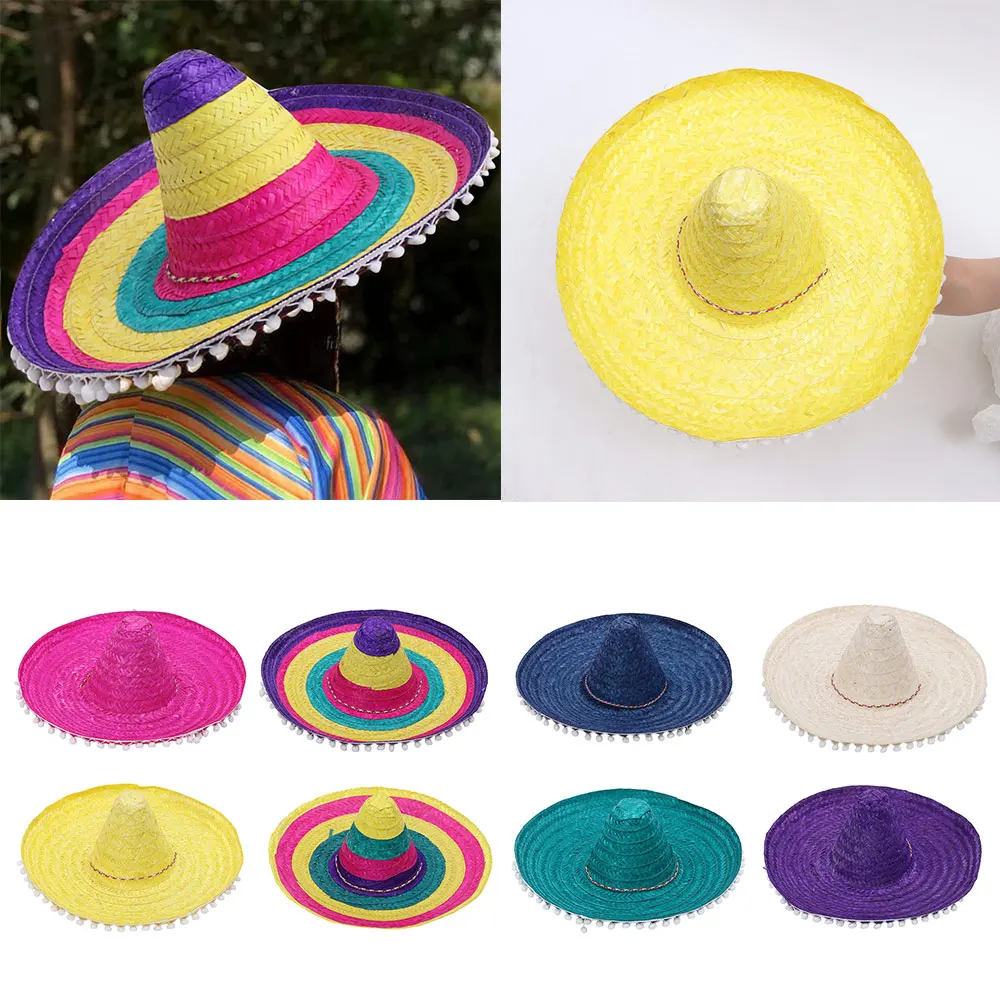 Summer Colorful Wide Brim Mexican Party Hat Sombrero Party Straw Hats Halloween Decor Beach Hat Women