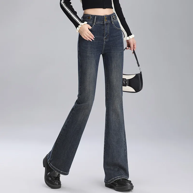 الربيع والخريف عالية الخصر زر مزدوج متوهج الجينز للنساء سليم صالح تنوعا مستقيم مطاطا جرس أسفل السراويل