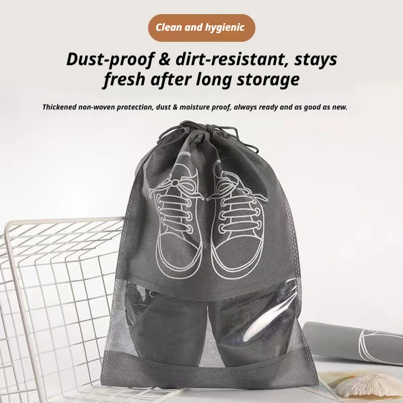 Non Woven Drawstring Shoe Storage Bag Dustproof Moistureproof Eco Friendly Transparent Visible Window For Home And Travel