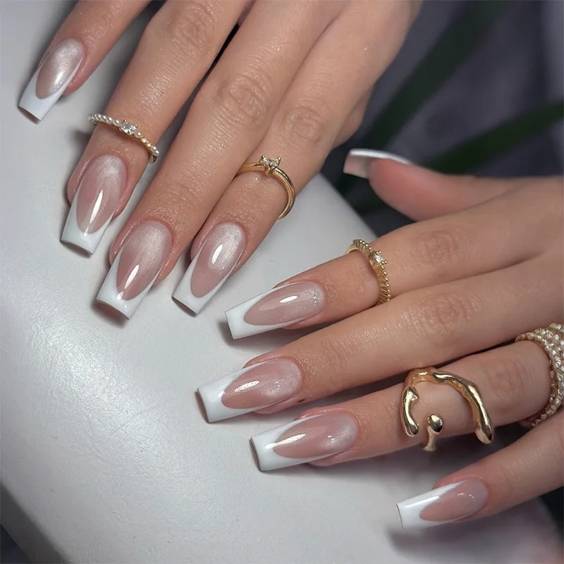 

White French Fake Nails 24Pcs Medium Length Coffin Press On Nails Glossy Cat's Eyes Designs Simple Bride Wedding False Nails