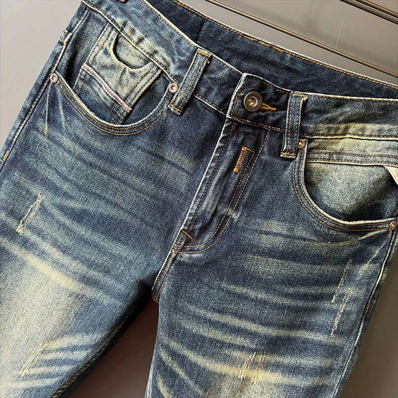 Jeans da uomo di moda di strada Jeans strappati Slim Fit elasticizzati blu lavati retrò di alta qualità da uomo pantaloni in Denim firmati Vintage Hombre