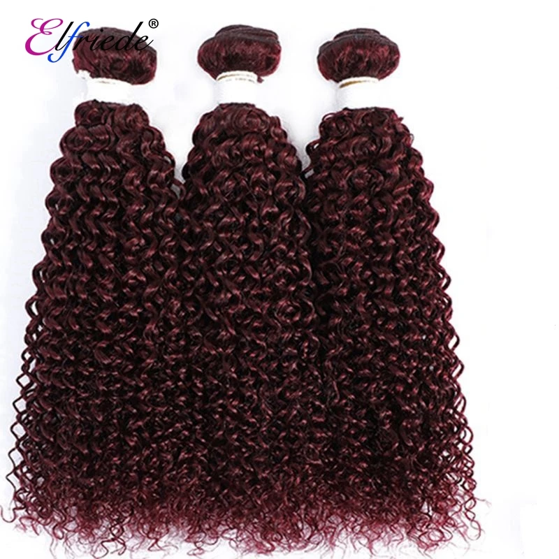 Elfriede #99J Burgundy Kinky Curly Precolored Hair Bundles with Closure 100% Remy Human Hair 3 Bundles with Lace Closure 4x4