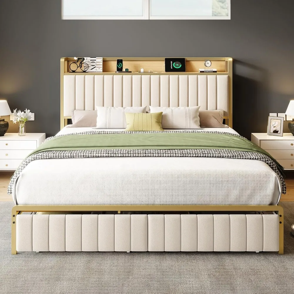 LED queen bed frame with Motion Activated Light and Charging Station, Integrated Drawer and Storage Headboard,bedroom furniture.