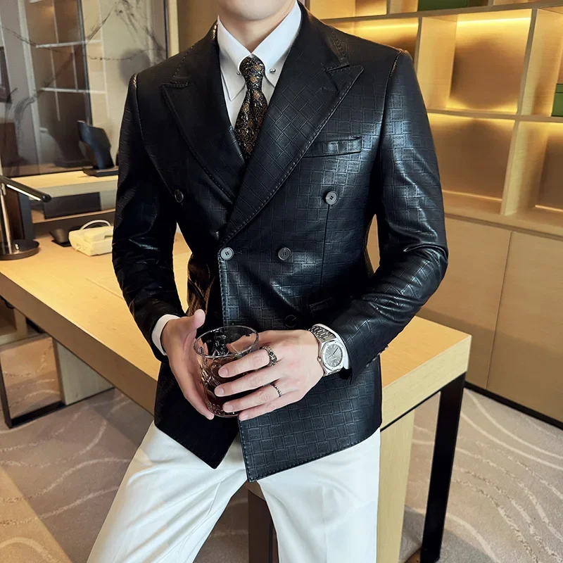 High Quality Square Grid Double Breasted Leather Jacket Fashion Business Slim Fit Casual Men Suit Blazer Tuxedos Men Clothing