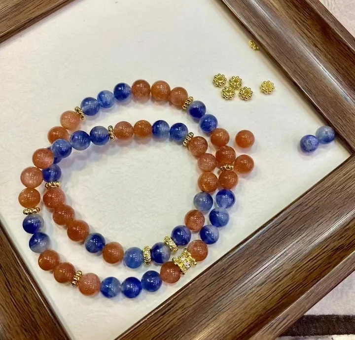 

Neo-Chinese Style Natural Sunstone & Kyanite Beads String Multi-layers Stone Bracelets Unisex Strand Agate Choker Fine Jewelry