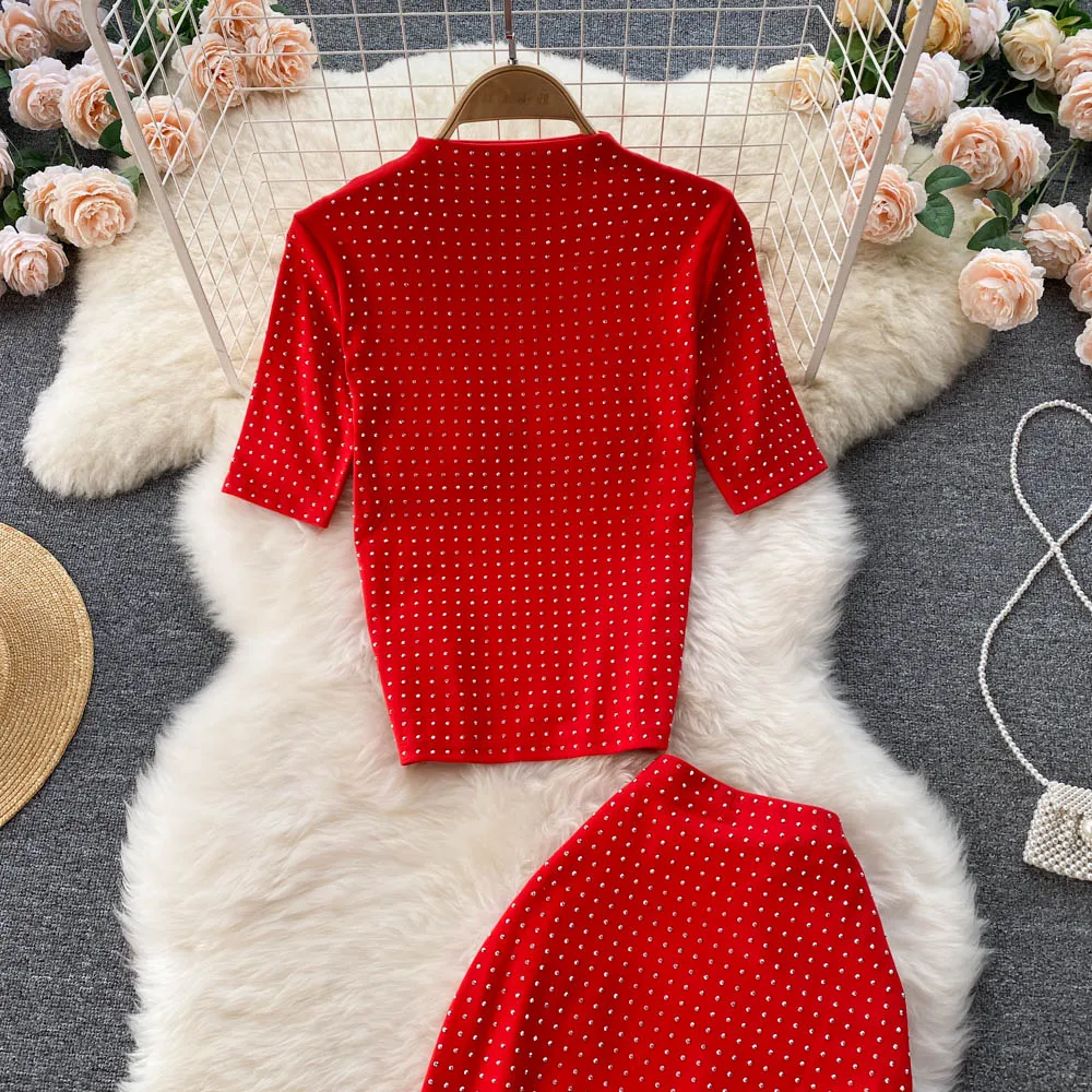 Vintage Black/Red Beading Two Piece Set Women Elegant Stand Collar Short Sleeve Tops + High Waist Pencil Skirt Suit Female 2022