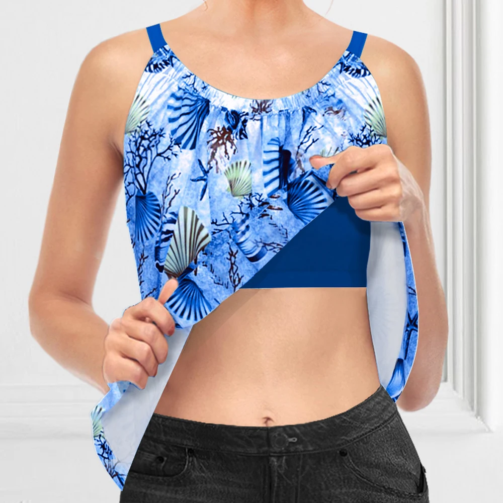 Plus Size Summer Casual Blue Ocean Print Fold Cami Sleeveless Crew Neck With Built In Bra