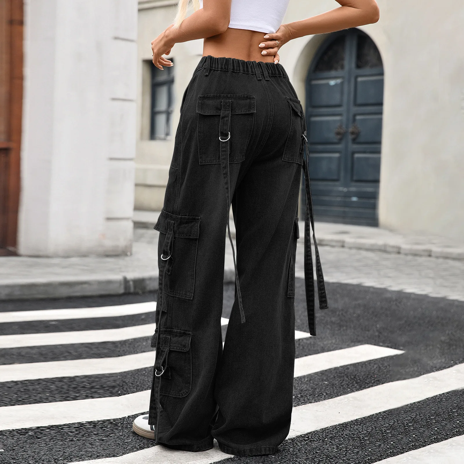 Pantalones vaqueros lavados con múltiples bolsillos para mujer, vaqueros de pierna ancha holgados con cordones, ropa de calle informal con cordón, novedad de otoño 2025