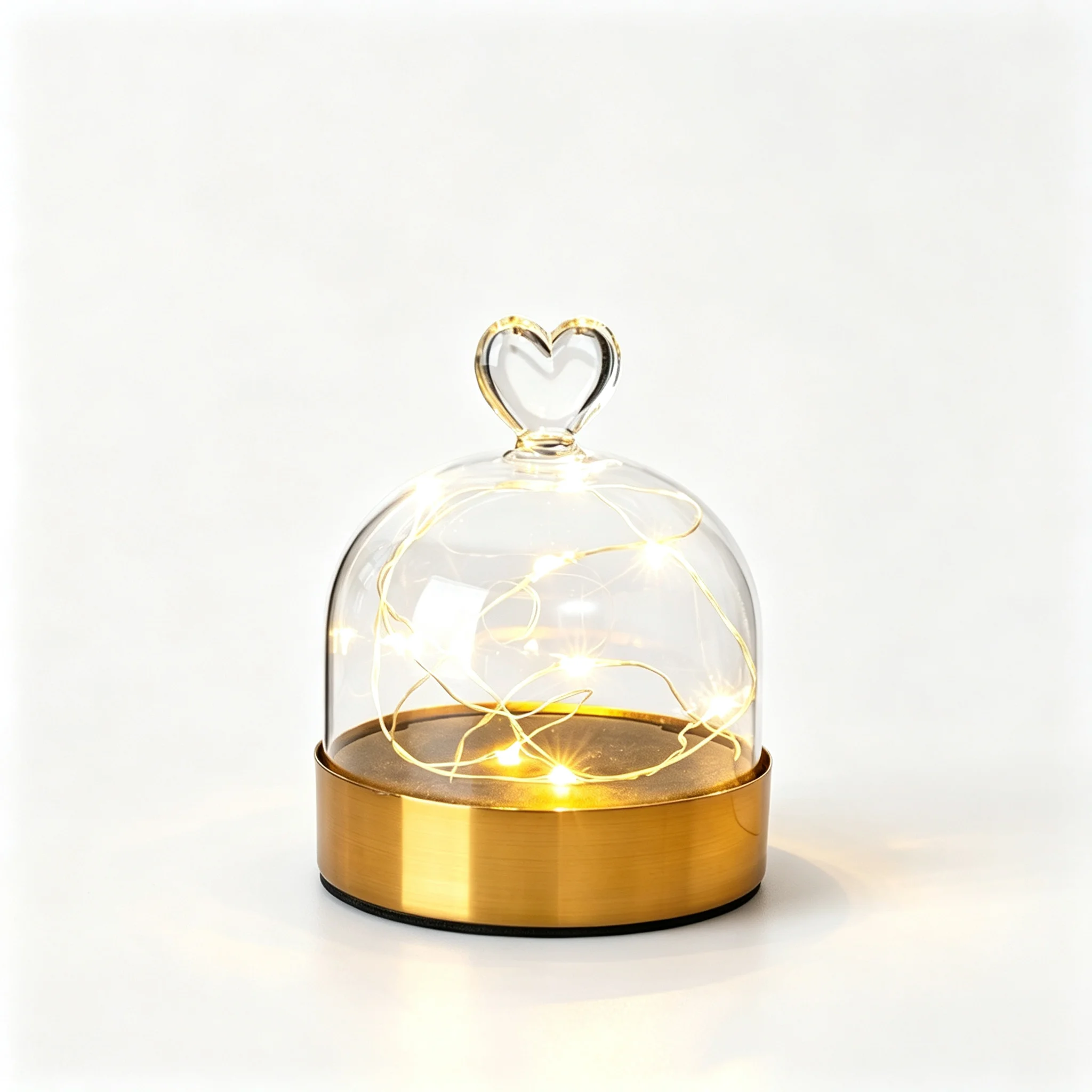 Glass Cloche Bell Jar with Heart‑Shape Handle Golden Metal Base Clear Display Dome for Preserved Eternal Flower Figurine Crafts
