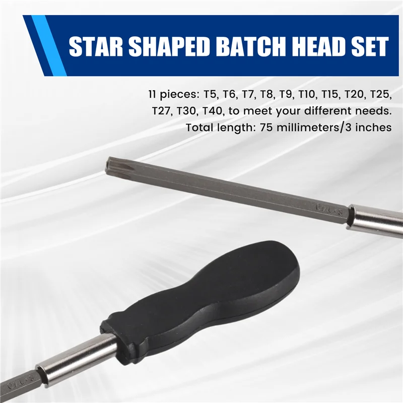 MAKE-11 Pack 75Mm Torx Schroevendraaier Bit Set 1/4 Inch Hex Shank T6-T40 Ster Schroevendraaier Tool Kit Met 1 Pack Handvat