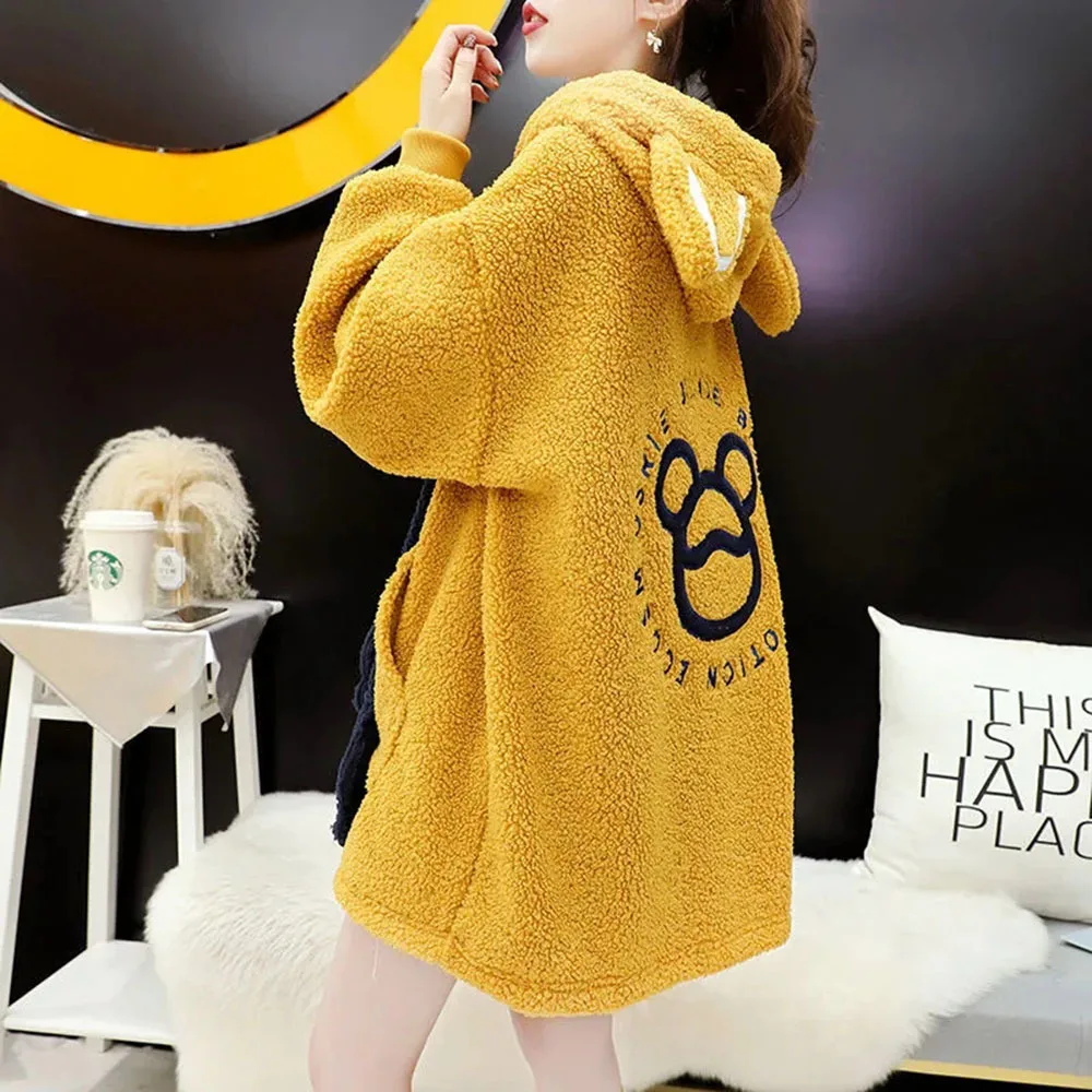 Casual Pink Kawaii Plush Sweatshirt Jacket Warm Rabbit Ears Hoodies Female Autumn Winter Cute Cartoon Print Sweatshirts Pullover