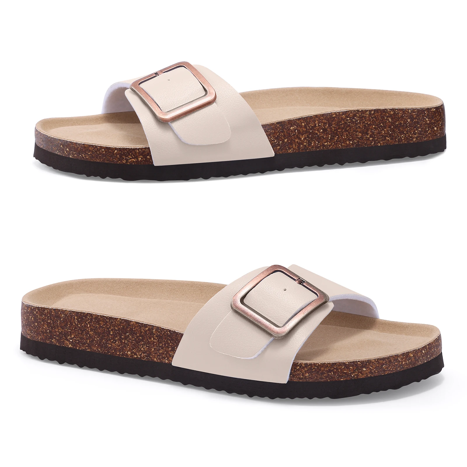 Sandalias De Cuero Para Mujer Con Plantilla De Corcho Y Soporte De Arco, Hebilla Ajustable, Ideales Para Playa En Verano._voghion.com