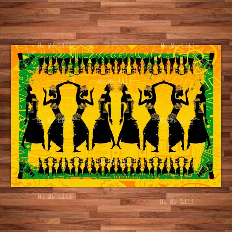 African Dancers Colorful Cultural Vibrant Striking Yellow Green Contrast Flannel Floor Rugs Soft Carpet For Home Decor