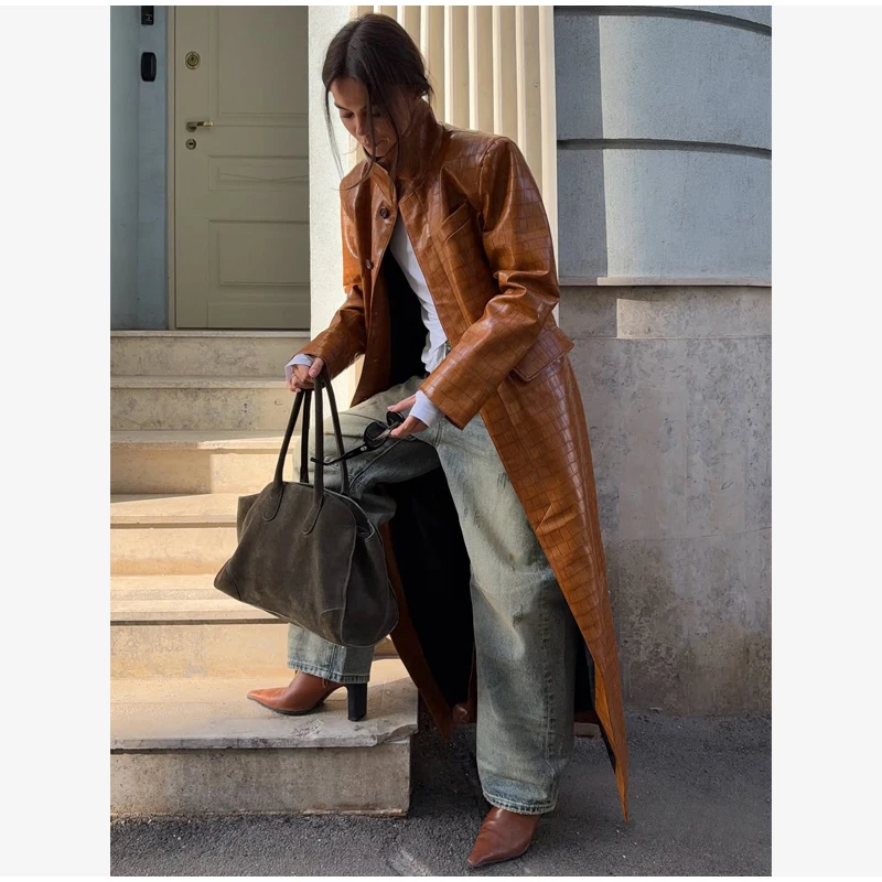 Crocodile Embossed Faux Leather Long Jackets Chic Wide Lapel Belted Waist Quarter Sleeve Loose Coat Women Street Chic Outfits