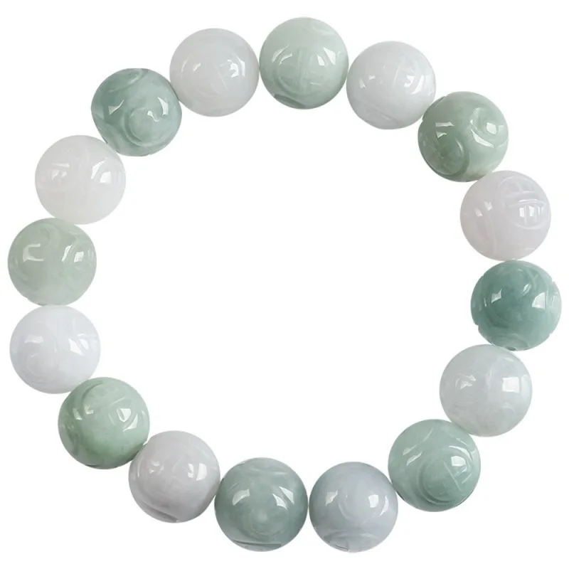 Real Natural Grade A Jade Jadeite Men Women 13.5mm Carved Round Beaded Bracelet