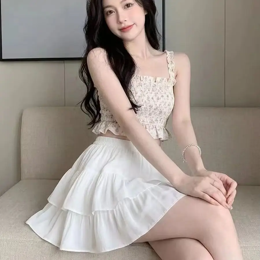Women Skirt White Cotton Linen Ruffled Tiered A-Line Casual Elastic Waist Loose Mini Skirt Korean Preppy Style Vintage Beach