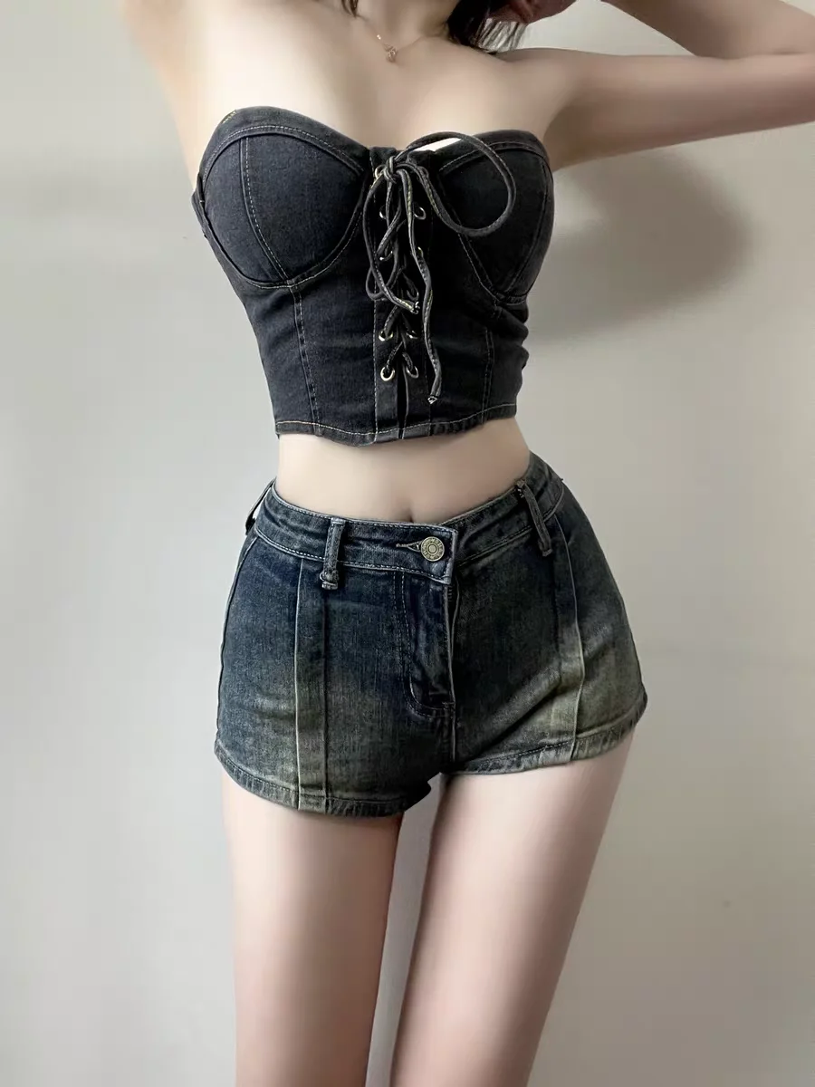 Washed Blue Sexy Low Rise Ultra Shorts Korean Vintage Blue Sexy Ripped Jeans for Women A-line High-waisted Denim Ultra Shorts