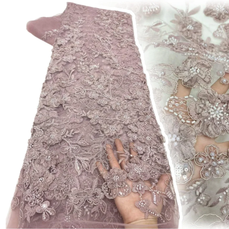 

Elegant Lace Fabric 2026 High Quality French Flower Pearl Embroidery Beads Tulle Lace Fabric for Party Wedding Dresses AA2969