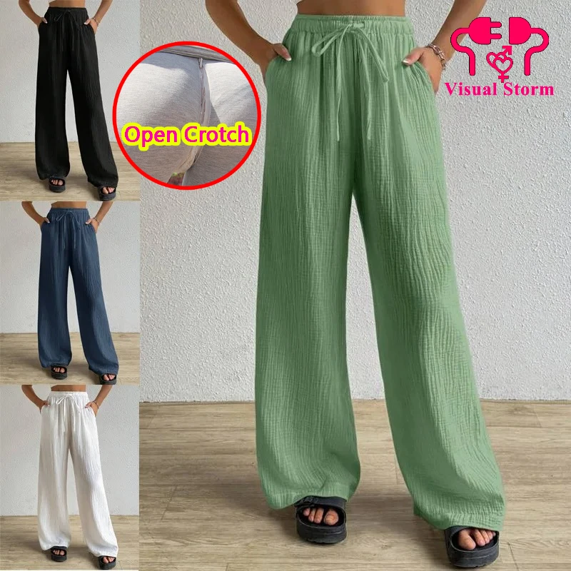 Calças Femininas de Perna Larga com Zíper Oculto na Virilha, Cor Sólida, Elásticas, com Bolso, Estilo Casual e Versátil, Soltas e Sem Virilha