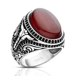 Wholesale Natural Red Agate Stone Ring Men Pure Sterling Silver 925 Turkish Handmade Jewelry with Gem Rings Luxury Jewelry Gift