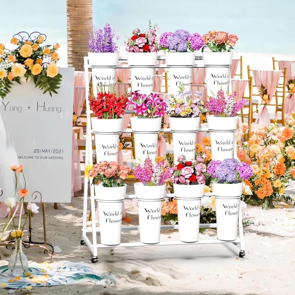 حامل زهور معدني من ثلاث طبقات مع 12 دلوًا، عربة زهور متنقلة بيضاء لعرض الباقات #3