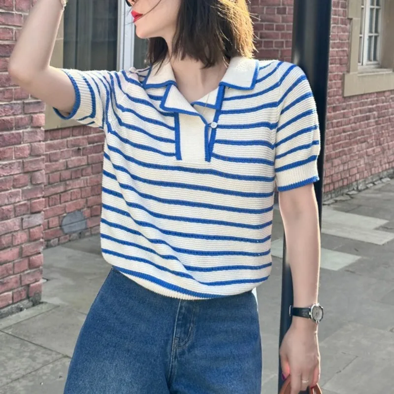 Polo Collar Pullover Summer Women\'s 2024 Patchwork Fashion Elegant Casual Striped Contrasting Knit Loose Short Sleeved Tops