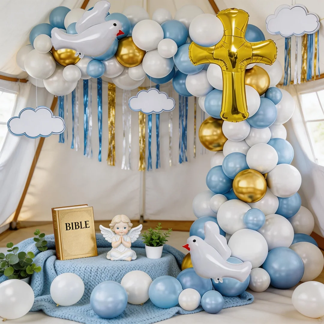 Conjunto de Arco de Balões com Tema de Oração, 100 Peças, Corrente de Balões Azul e Branco Dourado, Balões de Folha de Alumínio em Formato de Pomba e Cruz, Decoração de Fundo para Batizado/Comunhão/Festa de Celebração de 100 Dias do Bebê