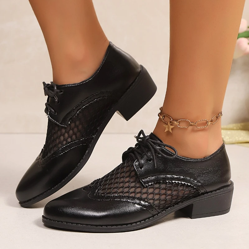 2025 Woman Shoe Female Footwear Leather Rubber Solid Leisure Lace-Up Rome Flat Mesh Pumps Pointed Toe Med Thick Heels Breathable view 4