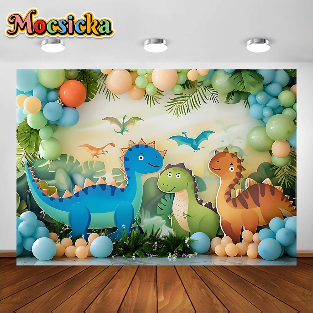 Cartoon Dinosaur Photography Background Colorful Balloons Palm Tree Party Decoration Supplies Kids Birthday Backrops Studio Prop