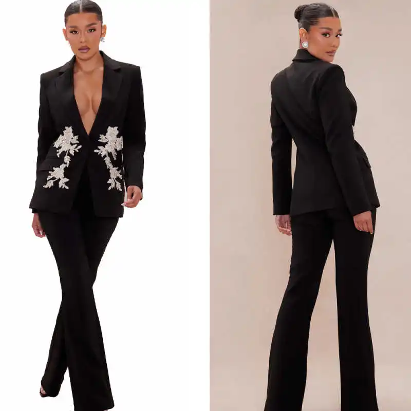 

Elegant 2 Pieces Women Suits Crystals Appliques Jacket Blazer Office Ladies Work Classic Fit Business Party Custom Made