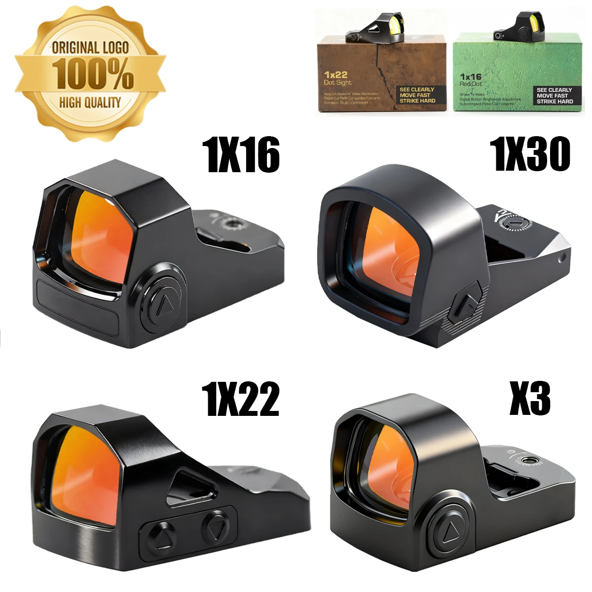 

Original 1x16 1x22 1x27 1x30 Compact Reflex 3 MOA Red Dot Sights RMSC Footprint Shake Wake Motion Sensing Manual Brightness