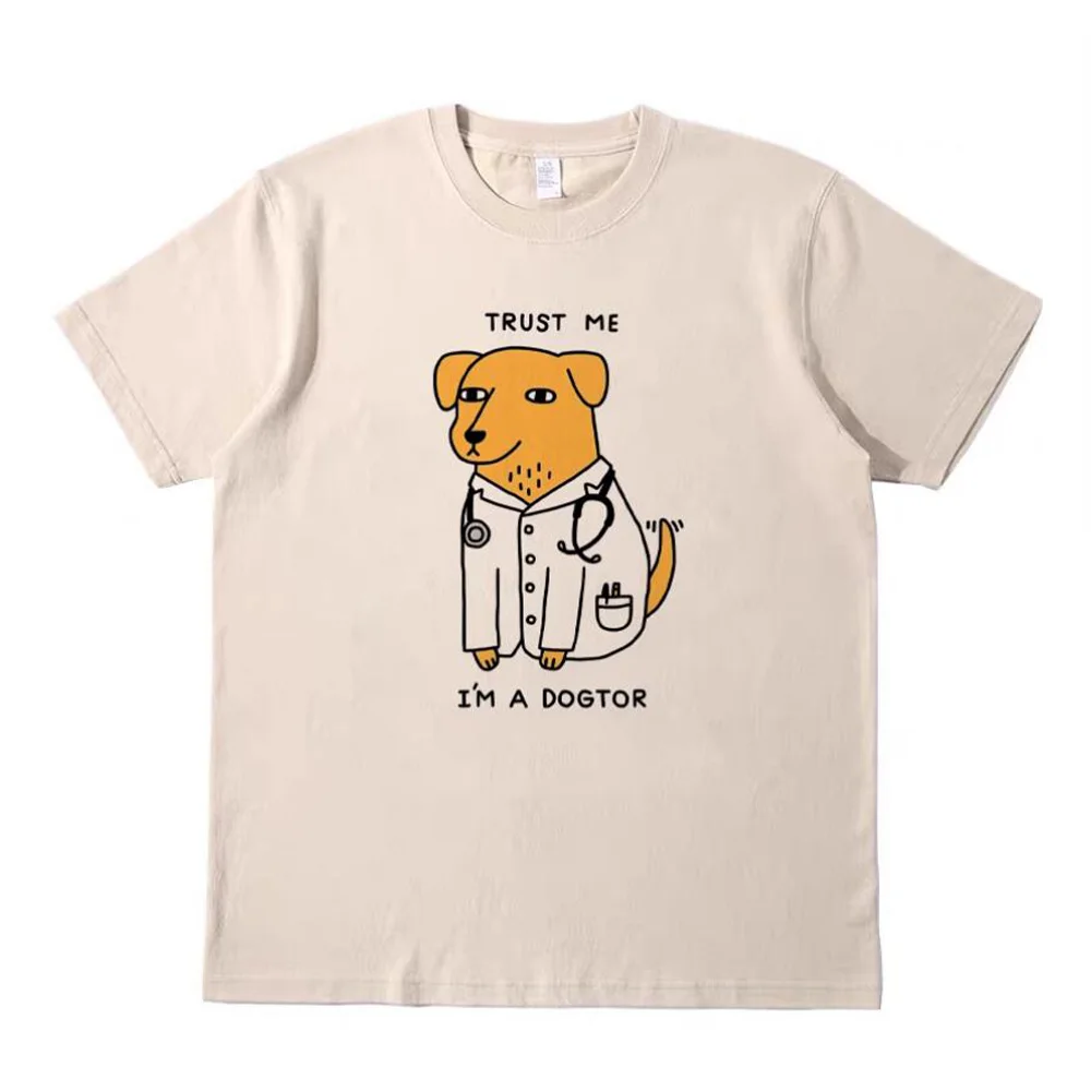 

Trust Me I'm a Dogtor Funny Printing Graphic Tees Unisex Men Women Summer Loose Cotton Khaki Tees Street Fashion Casual Tops