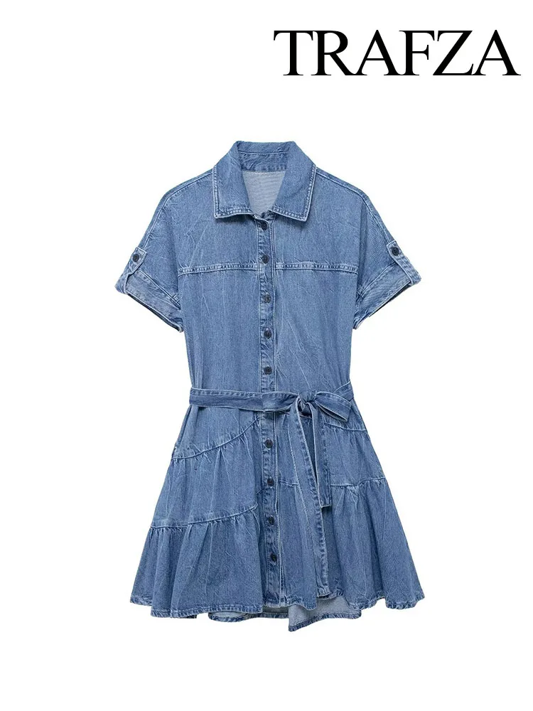 

TRAFZA Women New Fashion Dress Denim Turn-Down Collar Short Sleeves Belt Single Breasted Female Summer Streetwear Dresses Traf