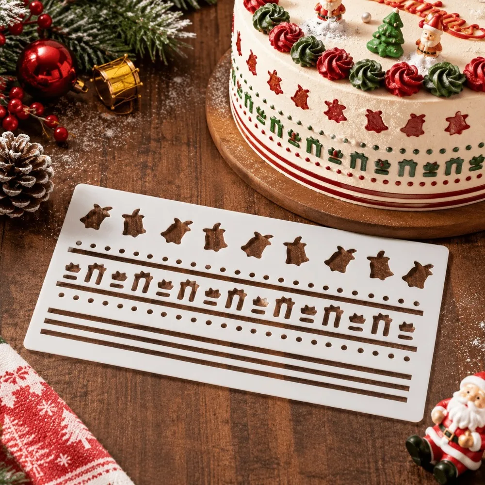 Christmas Bell Border Cake Stencil, Food‑Safe PET Hollow Template, Reusable Holiday Fondant & Cookie Decor Tool