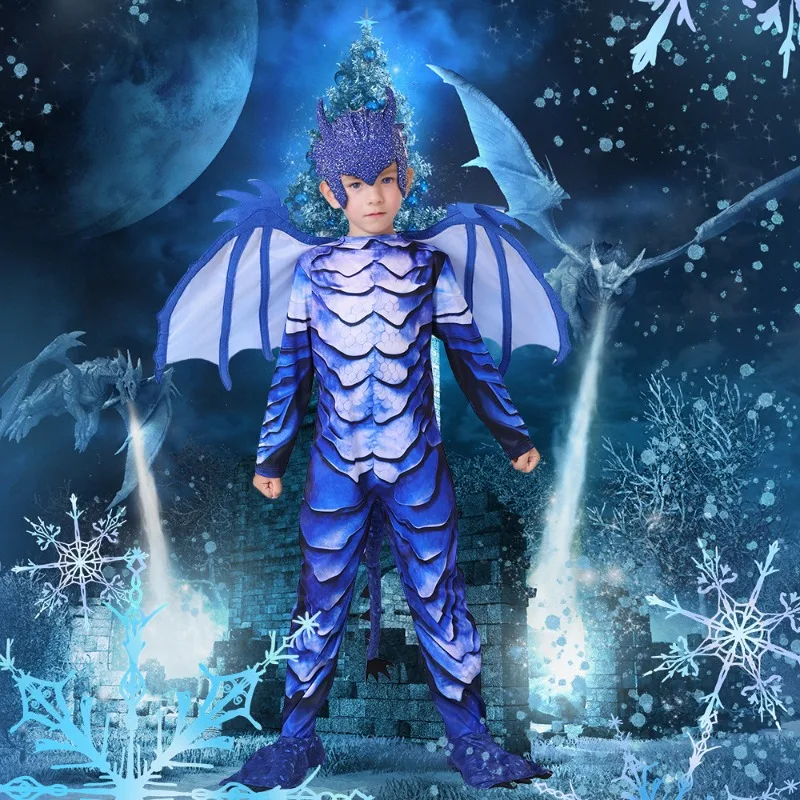 

Kids Dragon Knight Cosplay Costumes BlueJumpsuit Dragon Wings Tail Mask Outfits Boys Performance Halloween Carnival Party