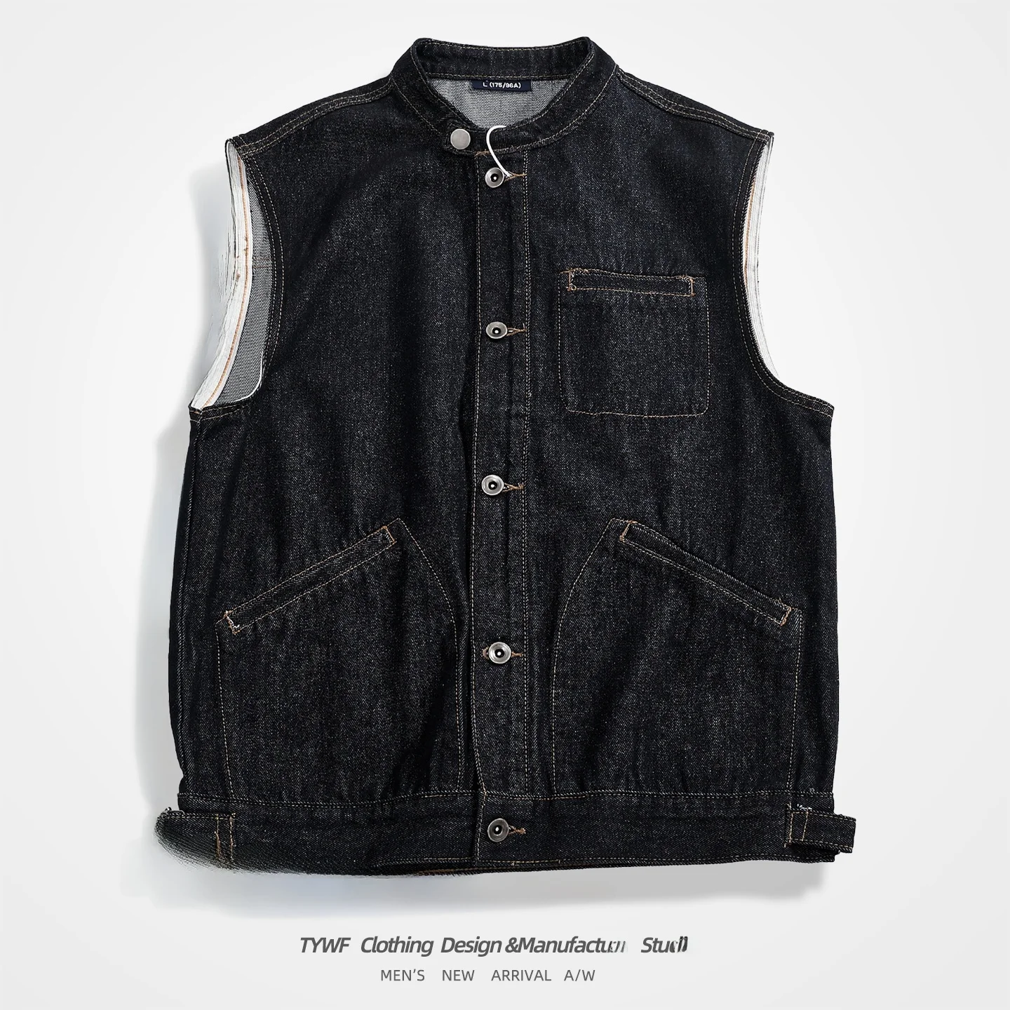 Casual Denim Vest Men's Stand Collar Metal Button Adjustable Bottom Workwear Style Layering Outerwear Jacket Cotton Polyester...